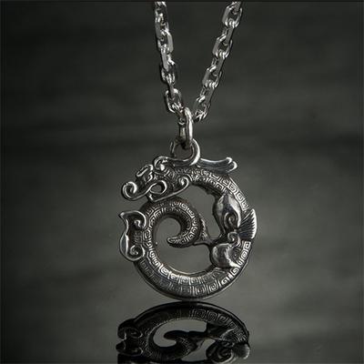 Retro Taotie Drachen Anhänger Männer Schmuck Fierce Coiled Dragon Halskette 925 Sterling Silber Männer Jahrestag Zubehör Geschenk