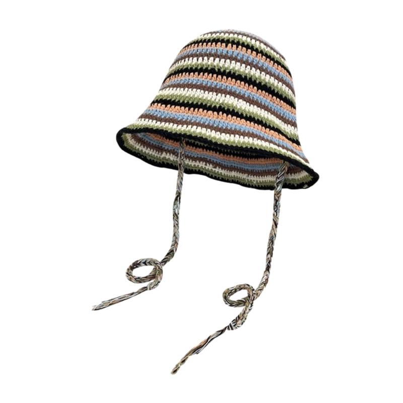 Летняя шляпа-рыбака для женщин, плетеная шляпа-ведро, вязаная кепка с полосатым узором 1
