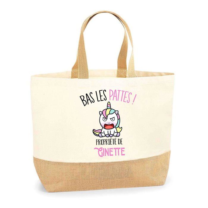 Sac cabas - PLANETEE - Ginette Bas les pattes Licorne - Jute naturel - Motif licorne imprimé en France - Grande contenance