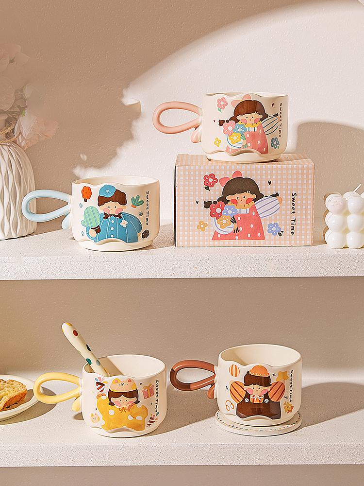 Comic Boys/Girls Ceramic Handle Water Cup Breakfast Cup Couple Coffee Mug Stackable Cup Colorful Paper Box Packaging