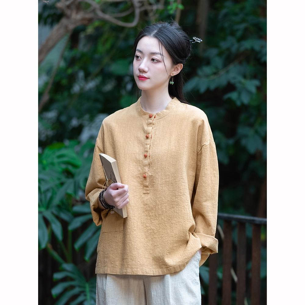 Cotton Linen Women's Chinese Style Stand Up Collar Button Long Sleeved Women's Shirt T-shirt