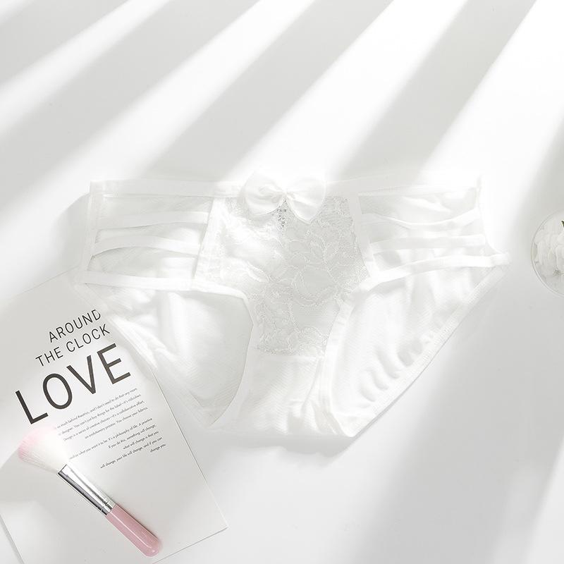 Ladies Spring and Summer Lace Bow Hollow Thin Belt Breathable Cotton Crotch Low Waist Triangle Briefs