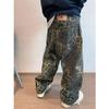 Jeans Leopardo Marrón Otoñal Hombre Pantalones Denim Masculinos Talla Grande Pierna Ancha Streetwear Hip Hop Vintage Holgados Casual Estampado Animal