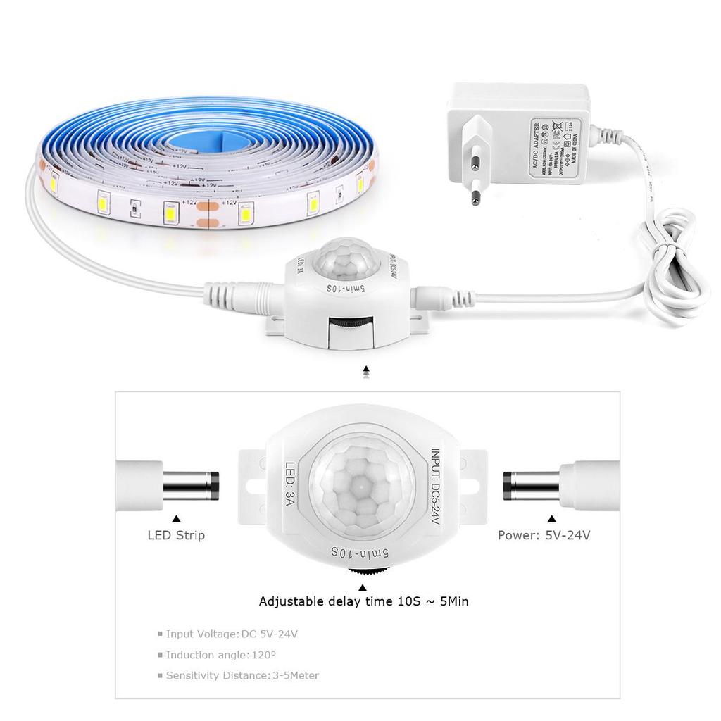 PIR Motion Sensor LED Under Cabinet Lights Cupboard Kitchen Bed Emergency Night Light DC 12V LED Strip Tape EU Power Aadpter