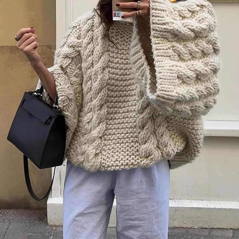 Crew Neck Wide Sleeve Sweater Loose Lazy Versatile Solid Color Fashion Temperament Versatile Knitted Top Women