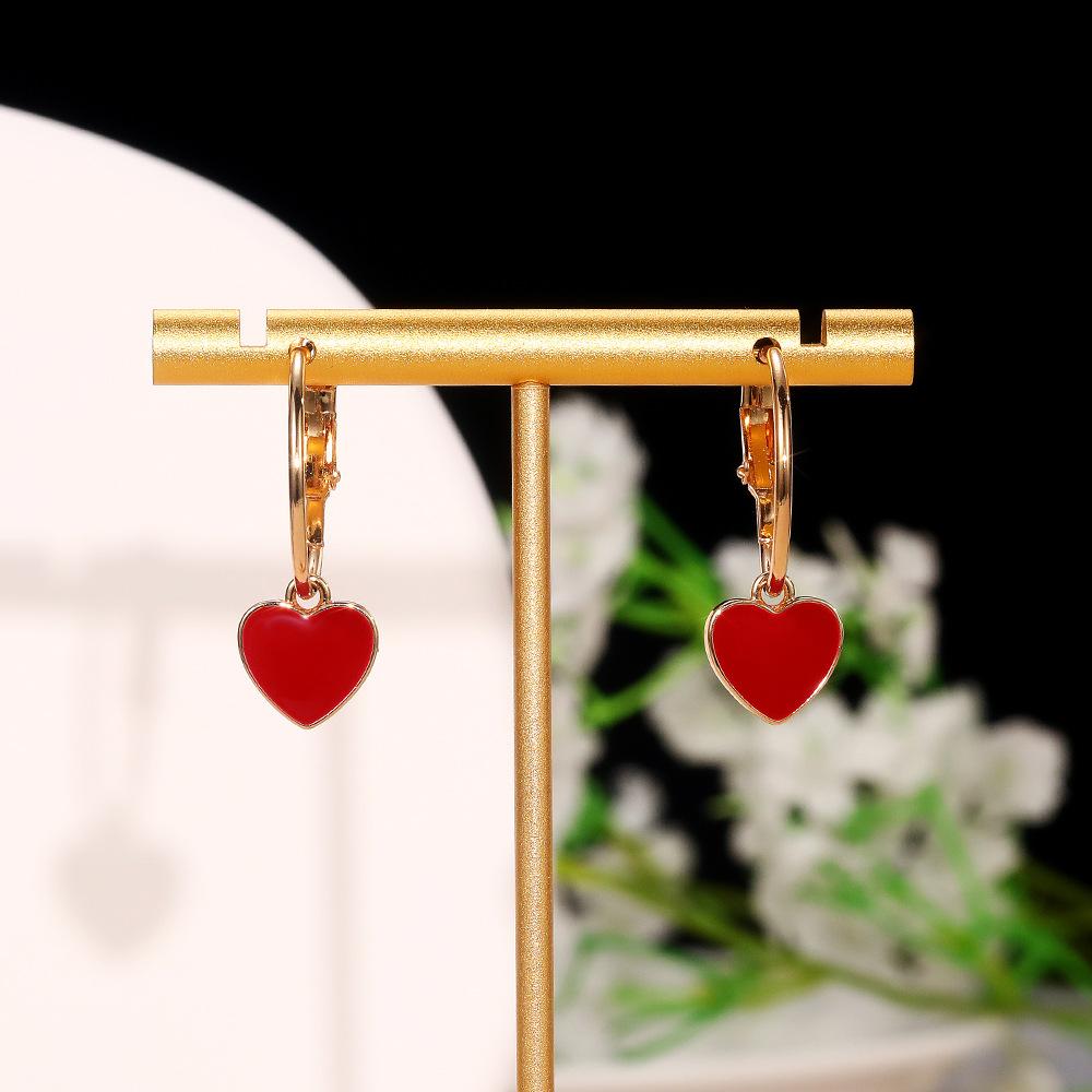 Gold Plated Red Enamel Heart Hoop Earrings, Dainty Love Charm Drop Earrings for Women