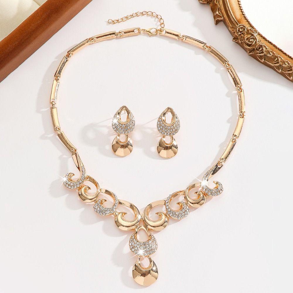 Rhinestone Inlaid Necklace Earrings Set Hollowed-out Women Jewelry Set  Wedding
