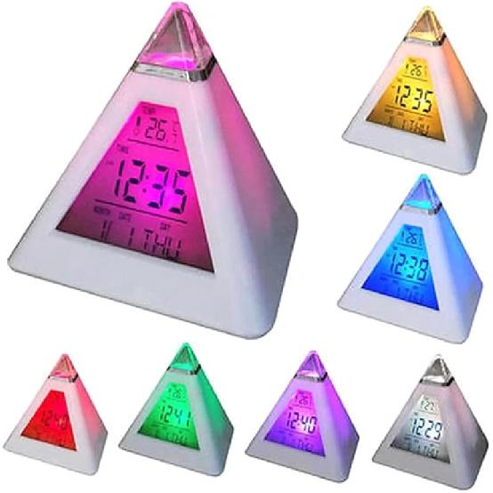 Digital LED Alarm Clock, Pyramid Shape Digital Led Alarm Clock Time Date Temperature Display 7 Colors Changing Night Light Desk Clock with белый