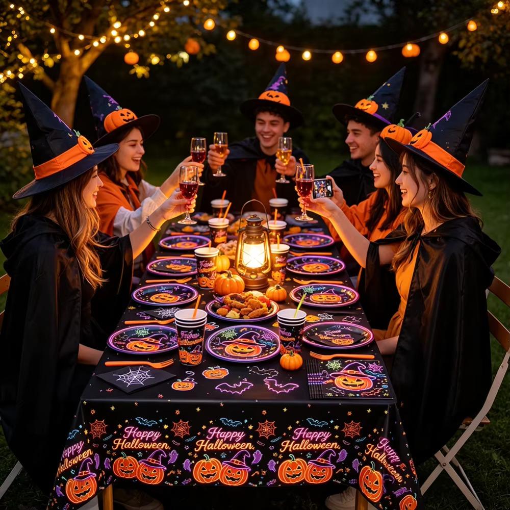 Thickened Neon Pumpkin Disposable Tableware Set Eco-friendly No Sagging Halloween Party Dinnerware Kit Waterproof
