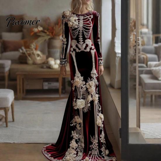 Skeleton Print Maxi Dress Women Dress, Gothic Long Sleeve with Evening 3D Flower Decor, Velvet Floral for Halloween Costume Party Design
