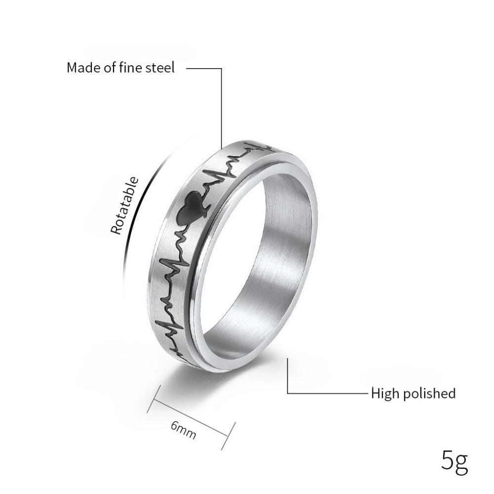 Titanium Steel Rotating Electrocardiogram Couple Ring, Heartbeat, Decompression, Stainless Steel Matching Ring, Hand Jewelry