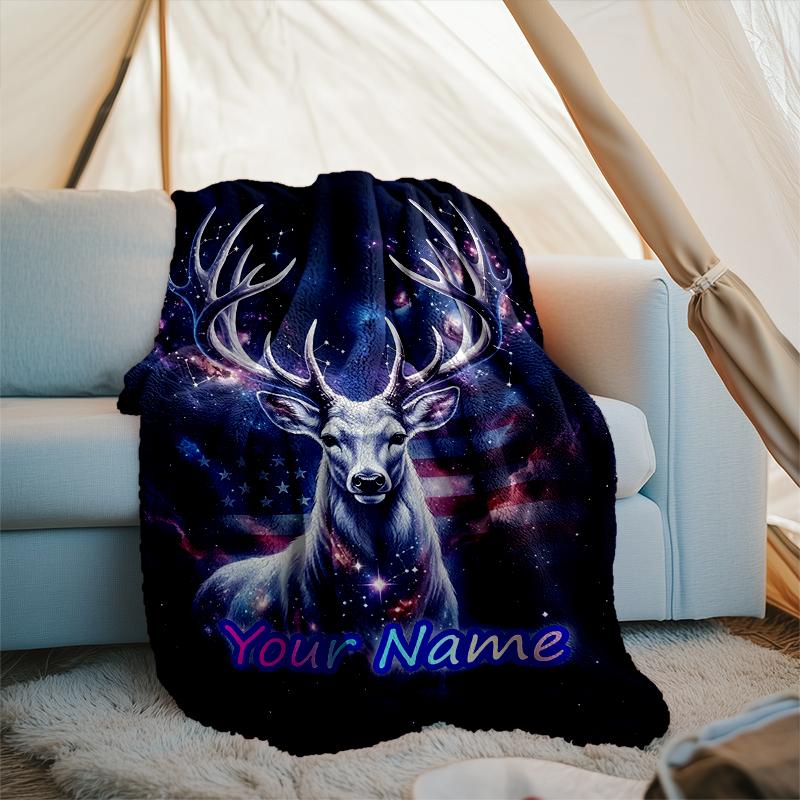 1PC Custom Name Deer American Flag Background flannel blanket versatile,all-season throw suitable for the living room,bedroom,camping,travel,and gift