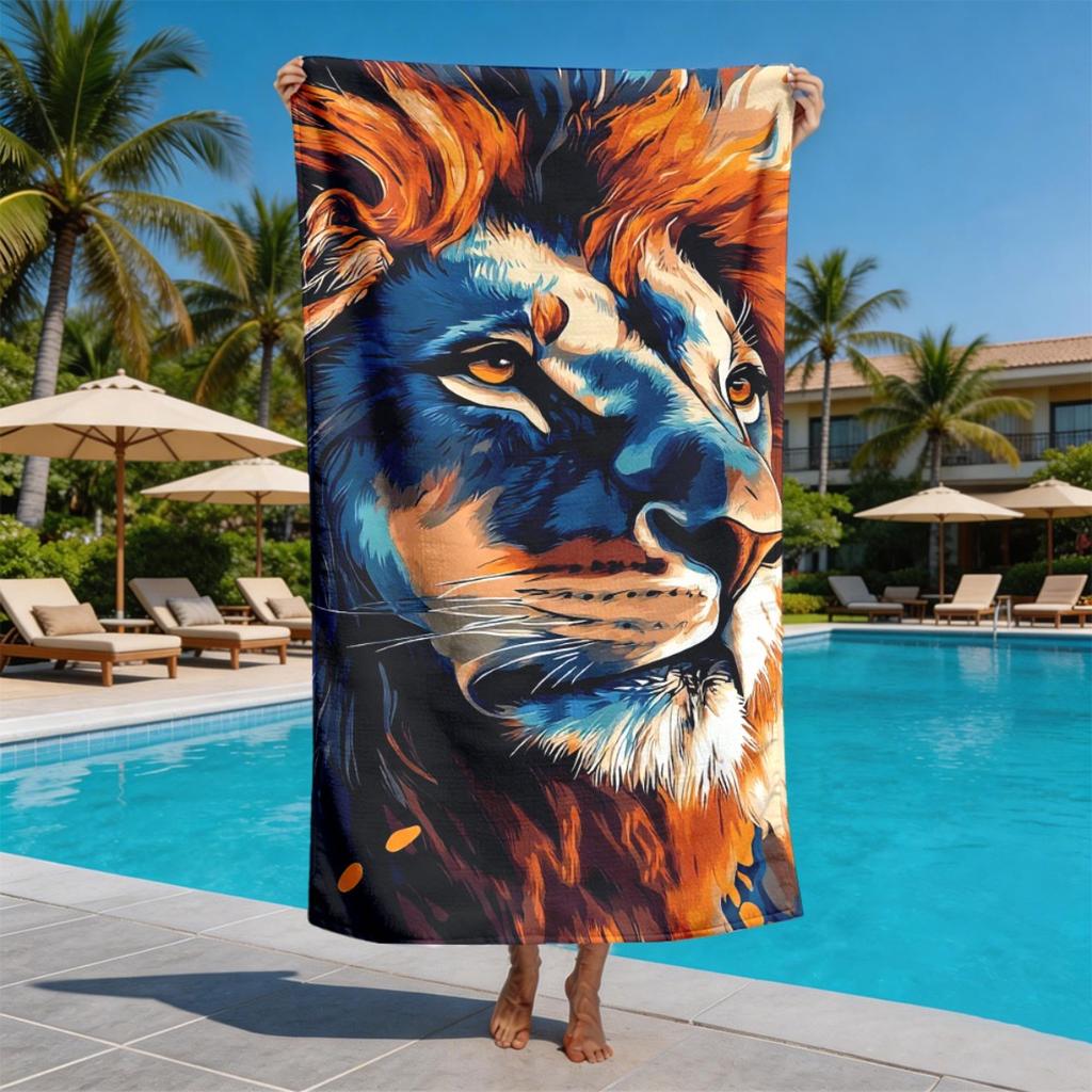 Colorful style lion head statue polyester microfiber beach towel is highly absorbent, suitable for swimming and beach outings