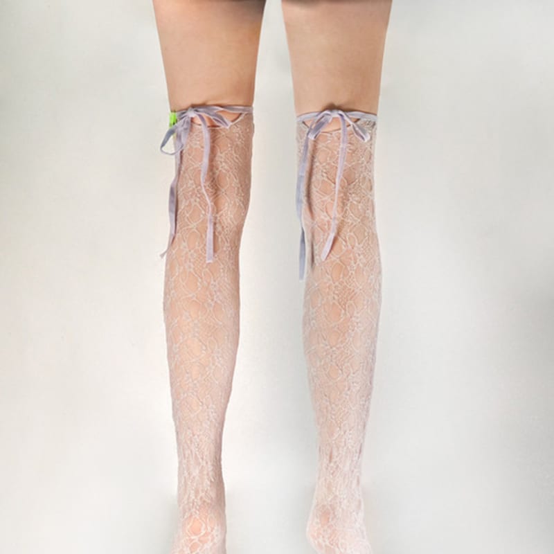 Romantic Tiger Lace Tied Ribbon Knee High Stockings (skyblue)