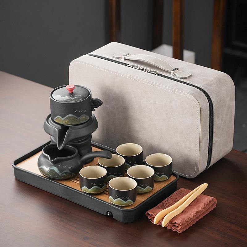 Premium retro coarse pottery semi-automatic tea set Qingshan lazy household teapot light luxury gifts enterprise custom printing
