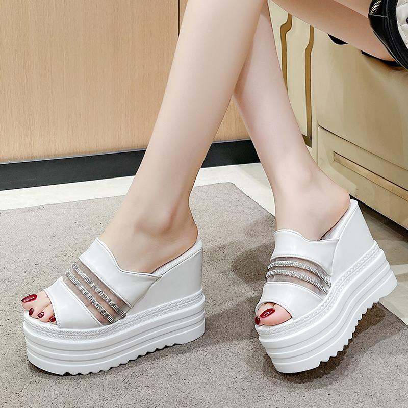 Fashion Slippers Casual Shoes On A Wedge Platform Slides Women Heels Pantofle Luxury Soft High 12CM Summer Fashion PU Fabric Leisure