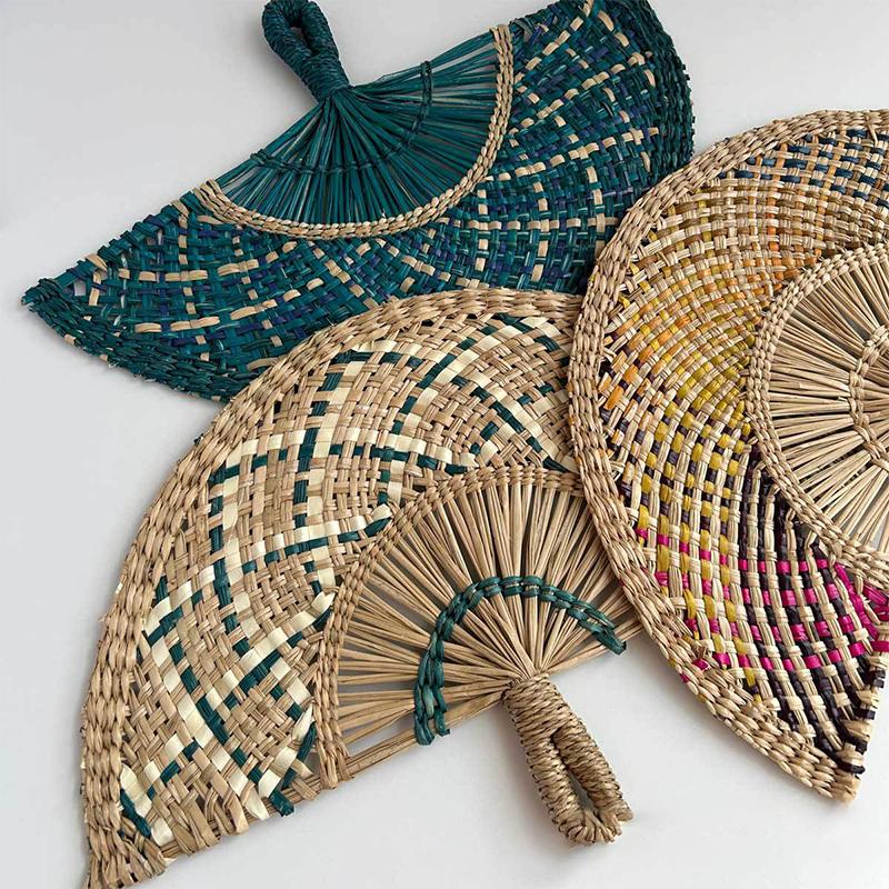 Hand-Woven Straw Fan Decorative Handmade Semicircular Woven Fan Summer Cooling Fan Handheld Fan Gift Home Decor