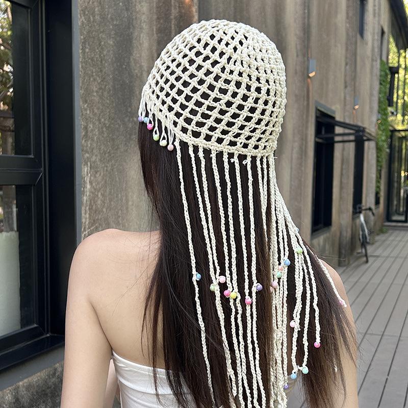 New Colorful Pearl Tassels Baotou Hat Pure Hand Crochet Hollowed Out Ethnic Style Tassels Beach Hat