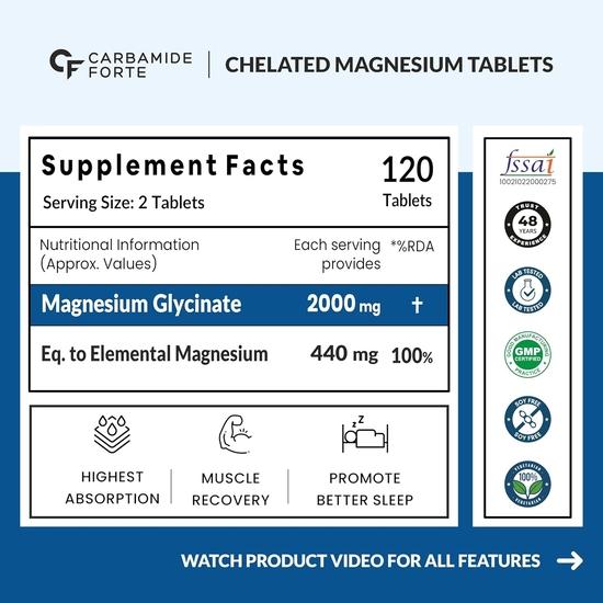 Carbamide Forte Chelated Magnesium Glycinate Supplement 2000mg Per Serving | Magnesium Supplement Supports Muscle Recovery- 120 Veg Tablets