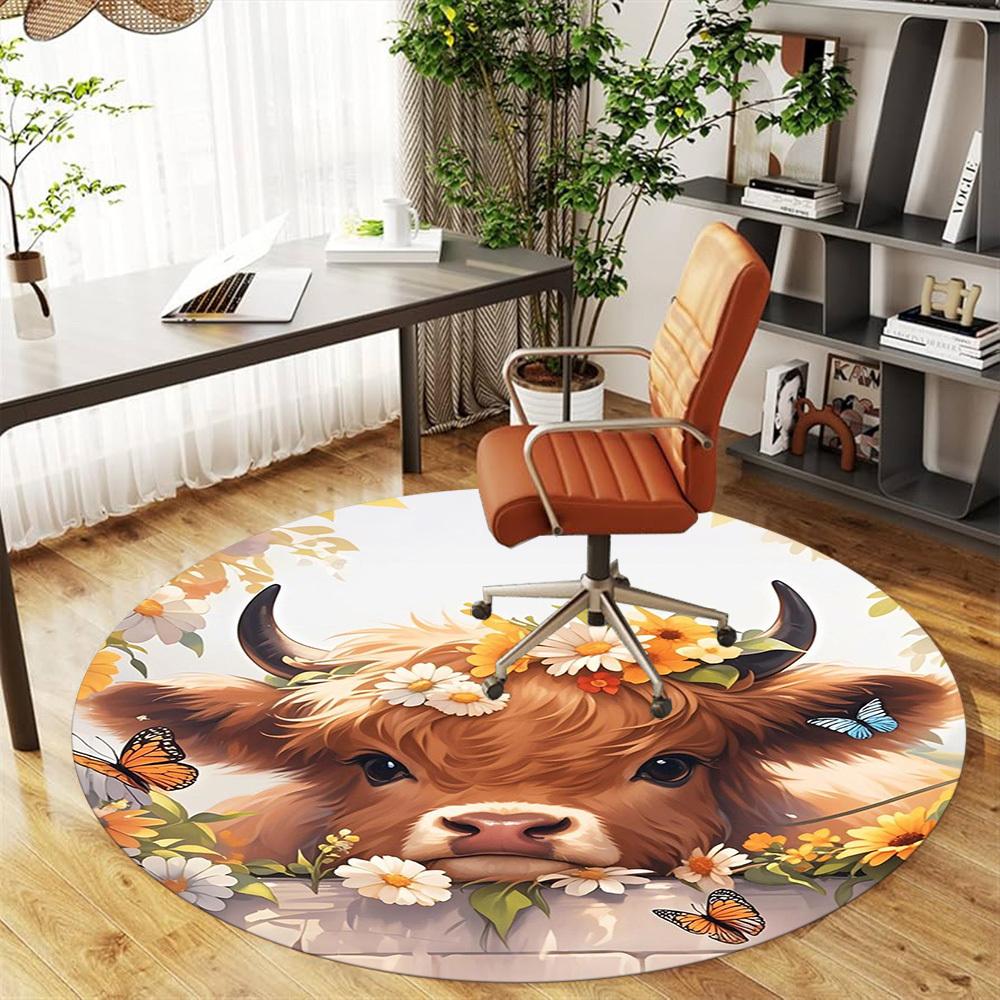 1PC Cow Flowers Cute Round Chair Mat Area Rug - Non-Slip, Floor Mat for Office, Bedroom, Home Decor Christmas Gift C0528047