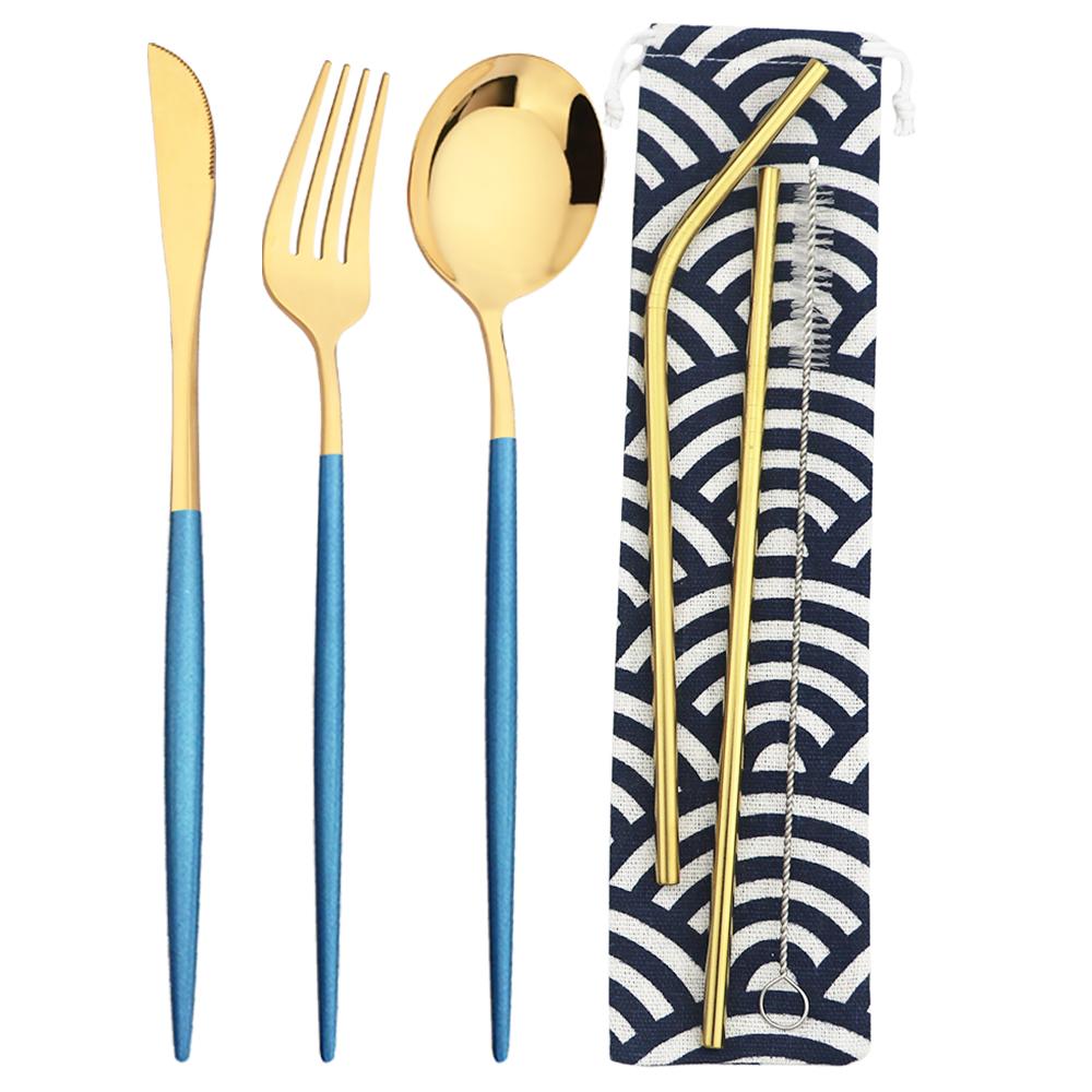 6Pcs Travel Camping Cutlery Set Travel Flatware Set Knife Fork Spoon Straw With Portable Bag Stainless Steel Tableware Set