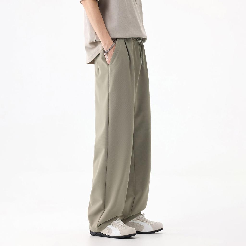 Fashion trendy brand elastic waist small pants men's solid color simple and versatile loose wide leg drape casual pants