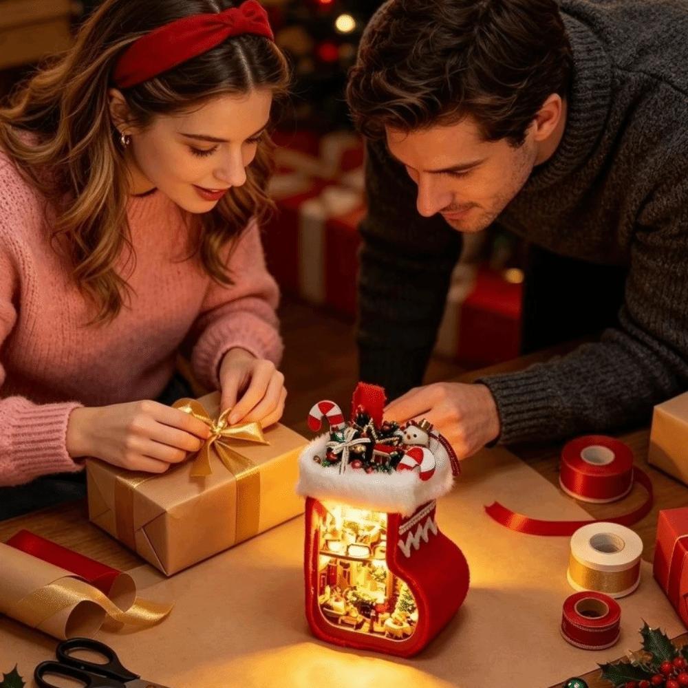Wooden Miniature Dollhouse Kit Glowing Miniature House Kit Christmas Stocking Crafts  Friends