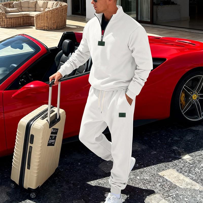 Mens Winter Thickened Fleece-Lined Casual Hoodless Jacket Pants Set Loose Fit Urban Style