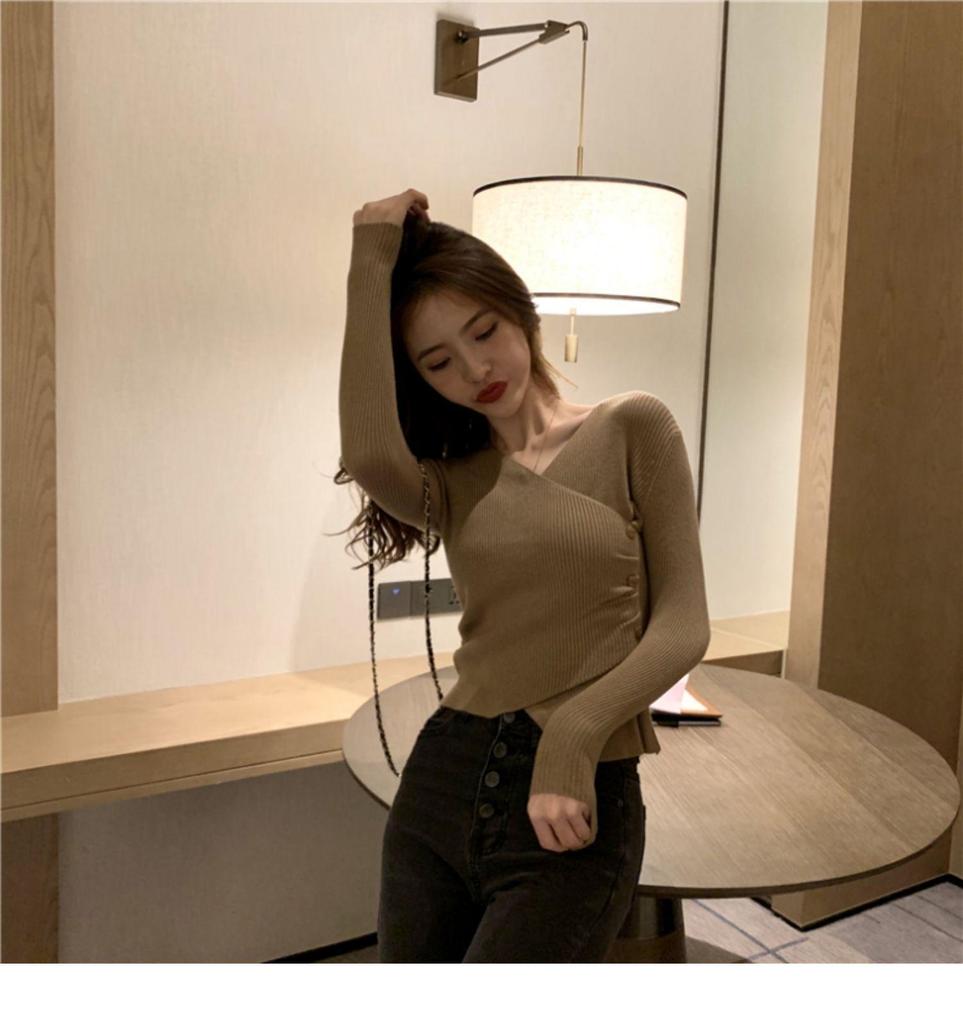 Damen V-Ausschnitt Slim Fit Langarm Strickpullover - Herbst/Winter 2025 Koreanischer Stil