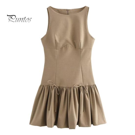 Women Summer Dress Sleeveless Bow Decor Pleated A-line Solid Color Mini Dress Back Zipper Closure O Neck Vest Dress for Dating Party