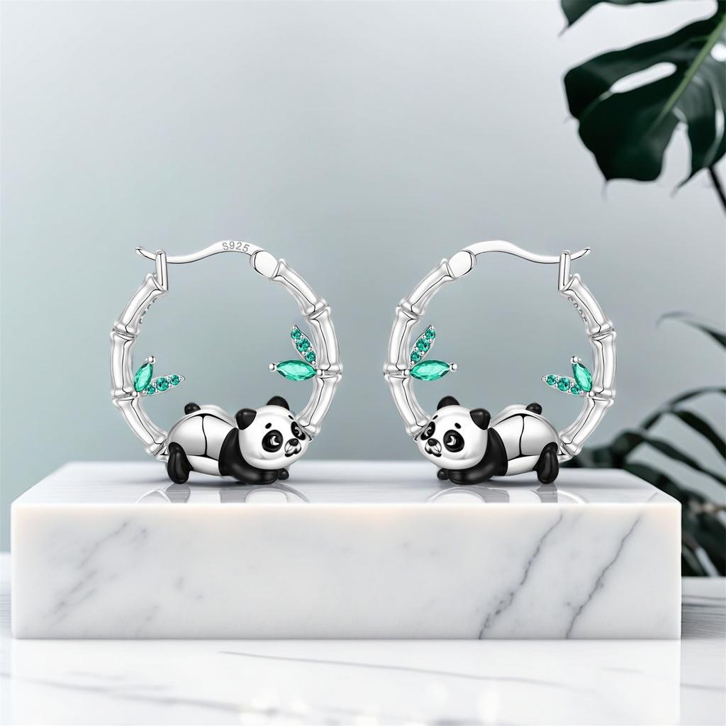 S925 Silver Bamboo Panda Animals Earrings Hoop Earrings Women Jewelry Trendy Anniversary Gifts
