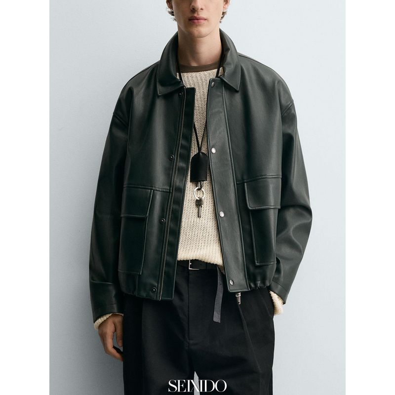 Cabinet 699! Autumn and Winter Men's Faux Leather Loose Jacket 3046314 529 Workwear Lapel Pu Leather Jacket