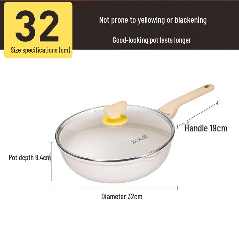 COOKER KING White Non-stick Flat Bottom Wok, 32cm