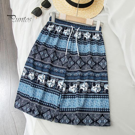 Women Summer Shorts Thiland Elephant Print Drawstring Elastic Waist Loose Soft Breathable Vacation Beach Travel Knee Length Shorts Homewear Pajamas