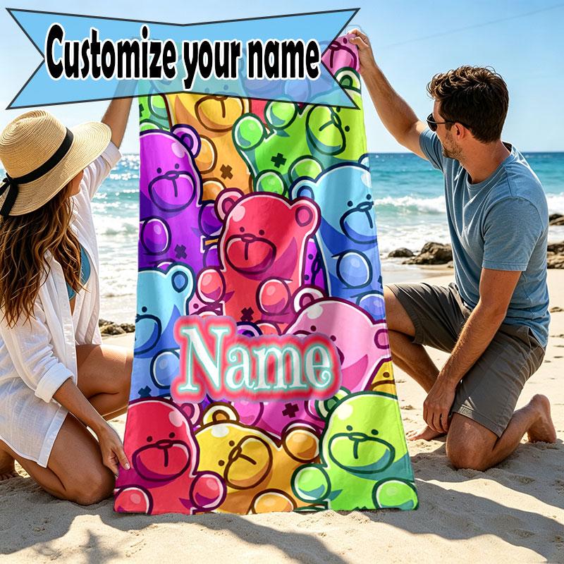 Custom Name Personalized Care Bears Print Beach Towel, for Trip Camping Beach Party Home Decor, Birthday Gift for Family & Friends