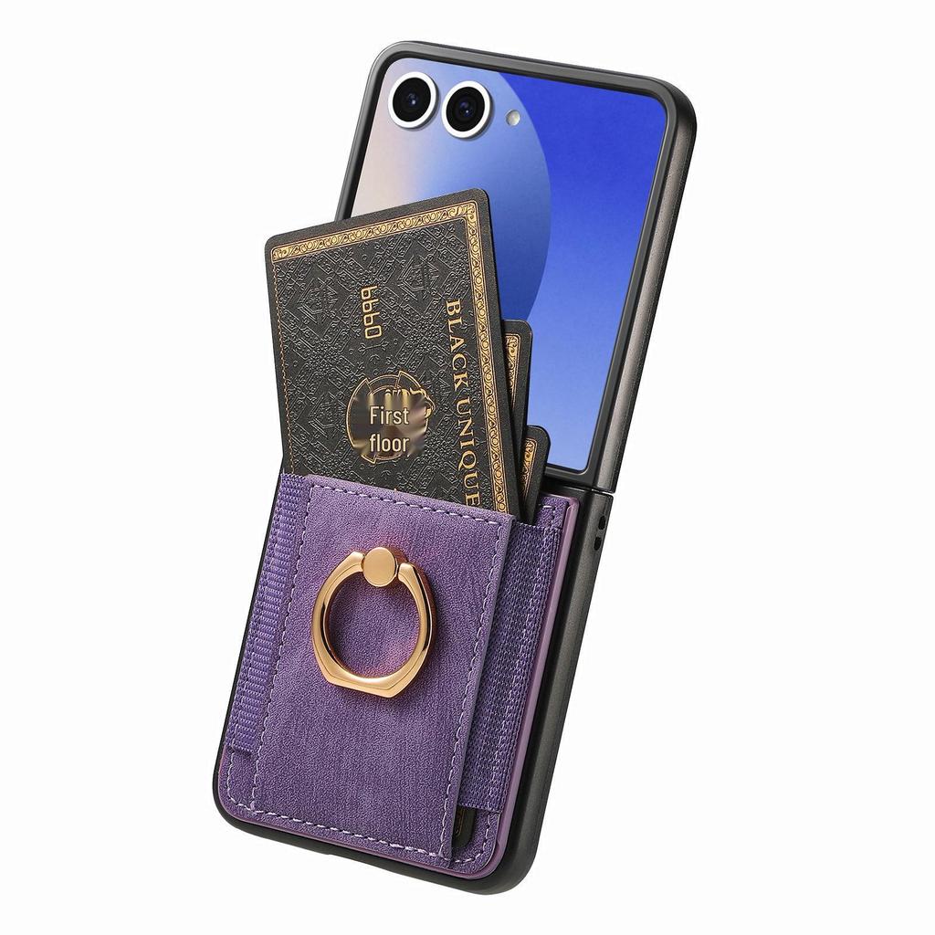 Samsung Z Flip 7 FE Leather Ring Wallet Case with Card Holder and Stand