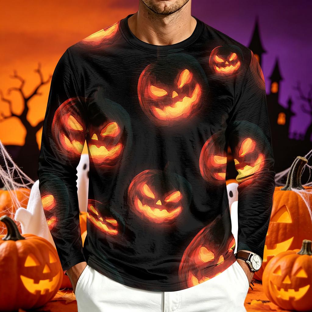 Men's Casual Long Sleeve Halloween Printed T-Shirt for Everyday Wear