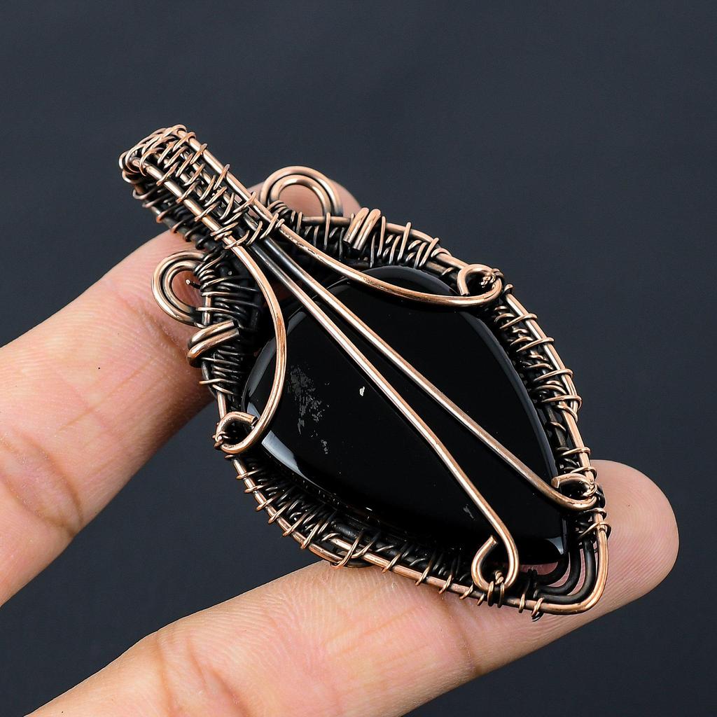 Black Onyx Gemstone Pure Copper Wire Wrapped Handmade Pendant Jewelry For Her