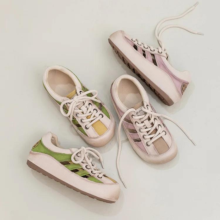 Johnature College Style Hollow-out Sandals Genuine Leather Round Toe Comfortable And Breathable Women's Shoes