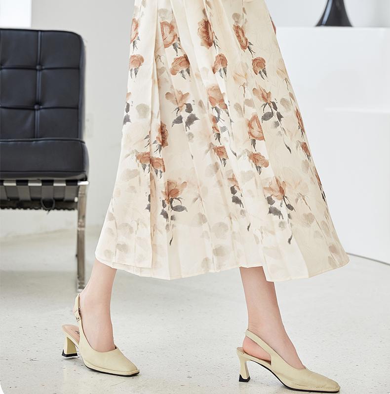 Summer New Style Chinese Feng Shui Ink Rose Print Tie One-Piece Horse Face Skirt Hanfu Pleated Skirt