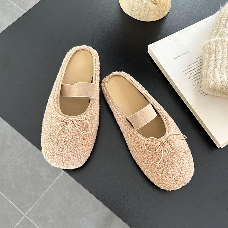Mode Winter Warm Damen Flach mit Fellschuhen Mode Schmetterlingsknoten Damen Pantoletten Fell Hausschuhe Lässig Outdoor Indoor Weibliche Pantoletten