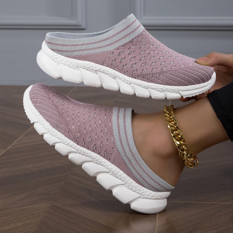 Women's Breathable Knit Mule Sneakers Lightweight Slip-On Backless Shoes with Chunky Sole