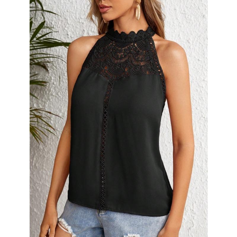 VEZFAA Women's Fashion Casual Summer Spring Solid Color Print Sleeveless O-Neck Blouses & Shirts
