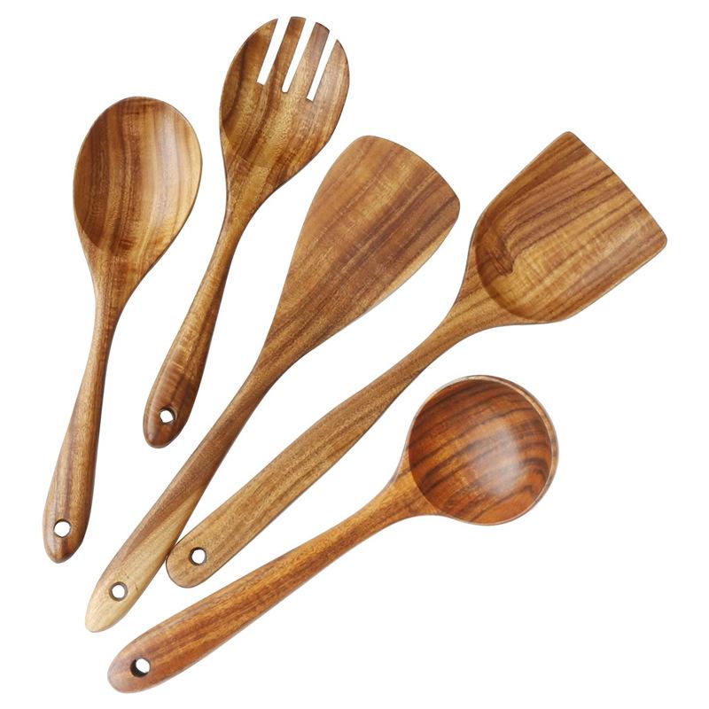 Teak 9-Piece Kitchen Set: Solid Wood Spatula, Spoon, Fork, Non-stick Pan, Acacia Wood Utensils, Long Handle Pot & Vegetable Spatula