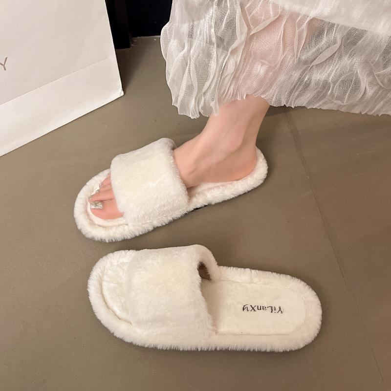 2025 autumn and winter one-word slippers home leisure plush slippers women's warm fluffy slippers women's new models