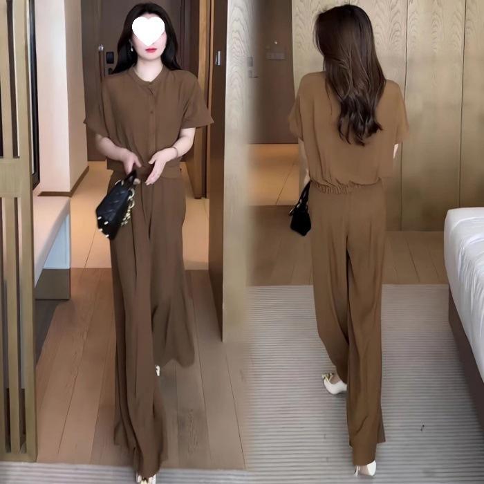 Fashionable Women's Summer Stylish Loose-fitting Slimming and Belly-covering Short-sleeved Wide-leg Pants Set