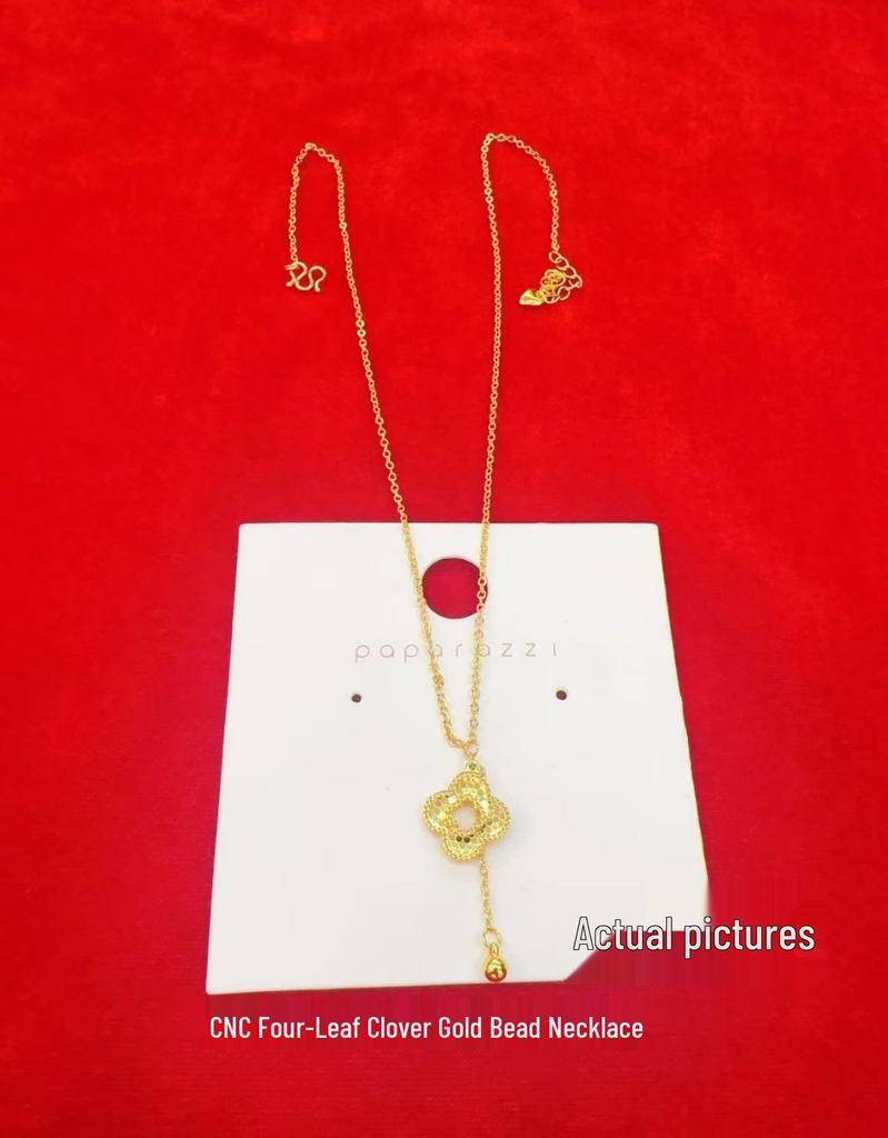 Four-Leaf Clover Gold Bead Necklace - Women's Light Luxury Fish Scale Lucky Clover Clavicle Chain