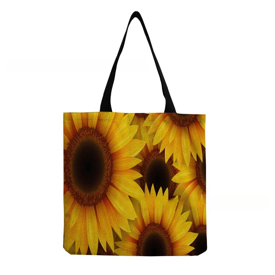 Women Vintage Linen Tote Bag - Large Capacity Sunflower Print Shoulder Handbag for Casual & Grocery Shopping KTB