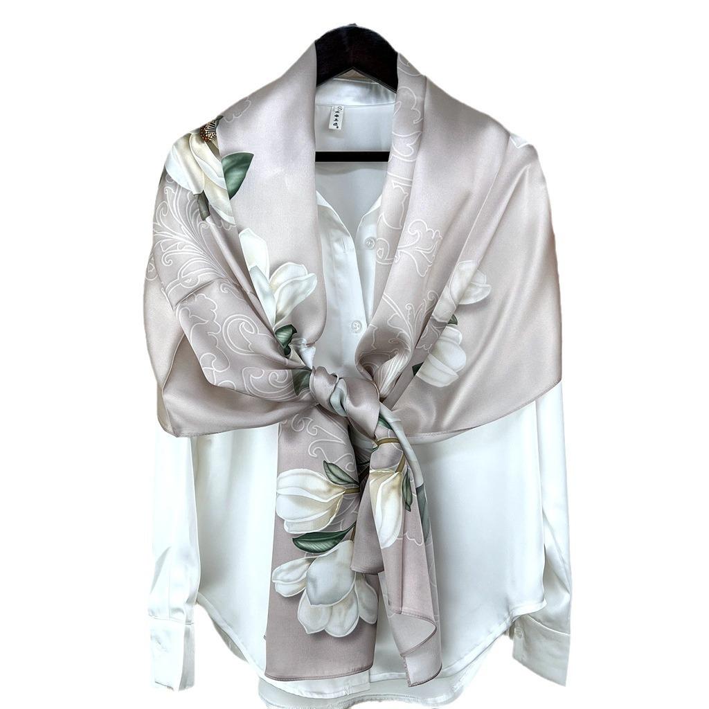 Guofeng Lotus Bean Paste Powder Silk Scarf Women'S Spring And Autumn High-End Mulberry Silk Long Scarf For Elders