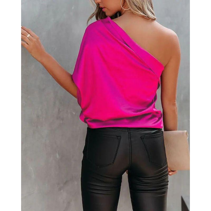 European and American-Style One-Shoulder Draped Satin Shirt